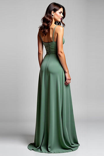 En linje Chiffong Eucalyptus Rynkad Spaghetti Straps Brudtärna Klänning